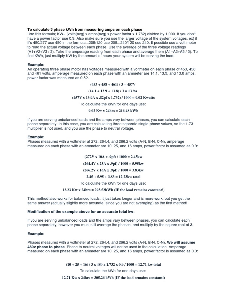 To Calculate 3 Phase kWh From Measuring Amps on Each Phase Kilowatt