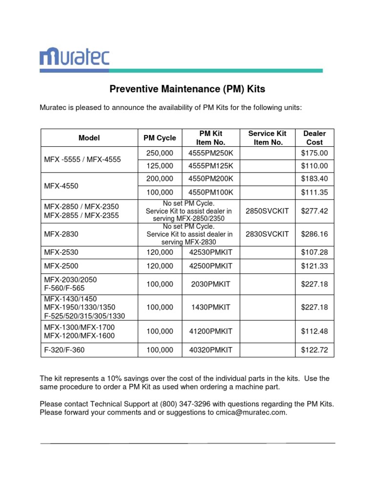 Muratec Preventive Maintenance Kits | PDF
