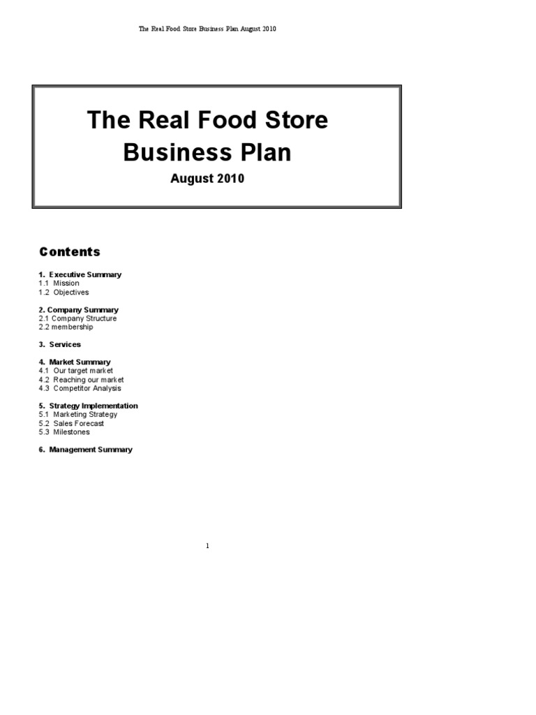 Real Food Store Business Plan PDF