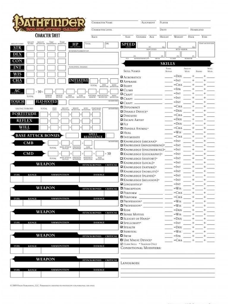 editable pathfinder character sheet