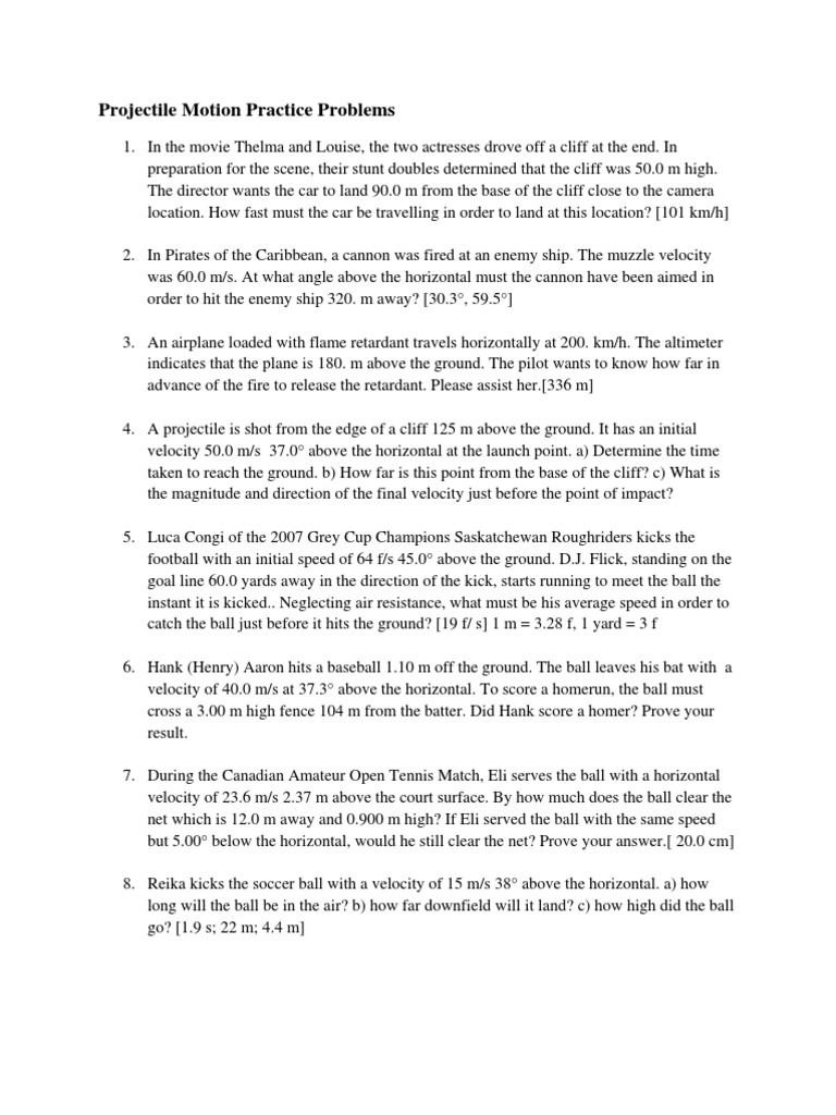 Projectile Motion Practice Problems | PDF