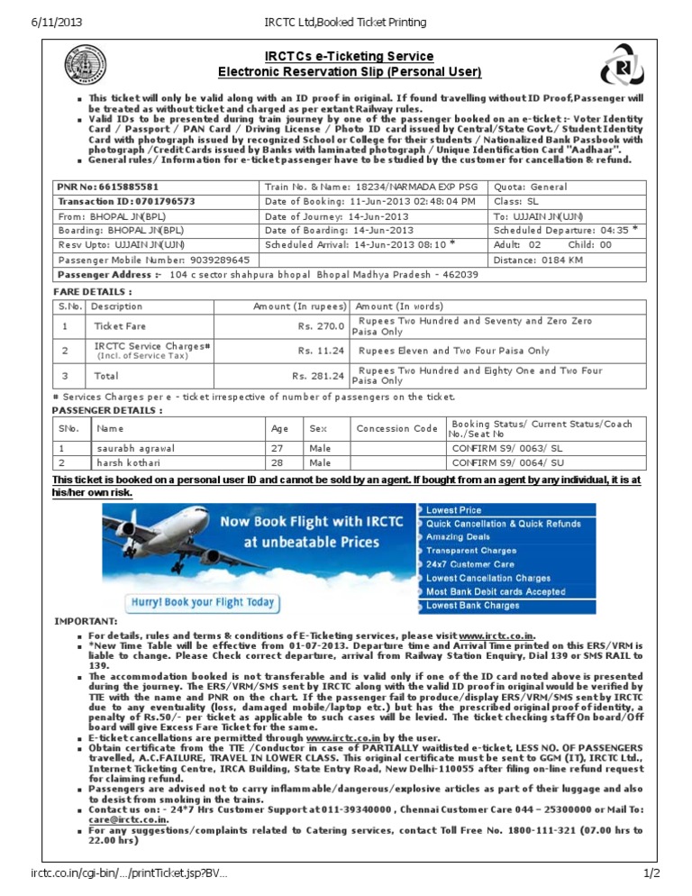 IRCTC Ltd,Booked Ticket Printing Identity Document Ticket (Admission)