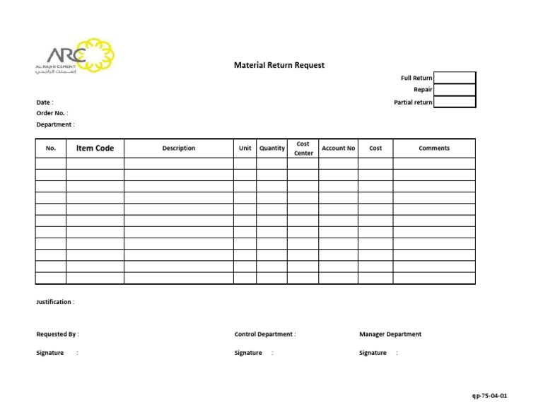 Material Return Request Form | PDF | Business | Finance & Money Management