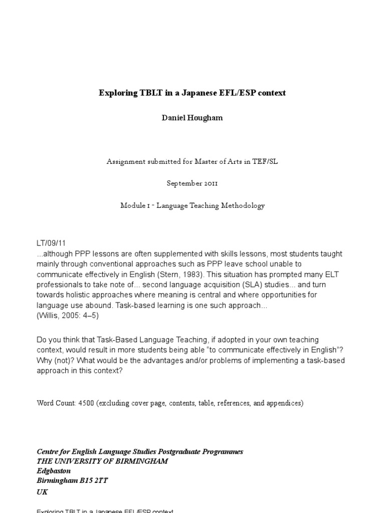 Exploring Tblt In A Japanese Efl Esp Context English As A Second
