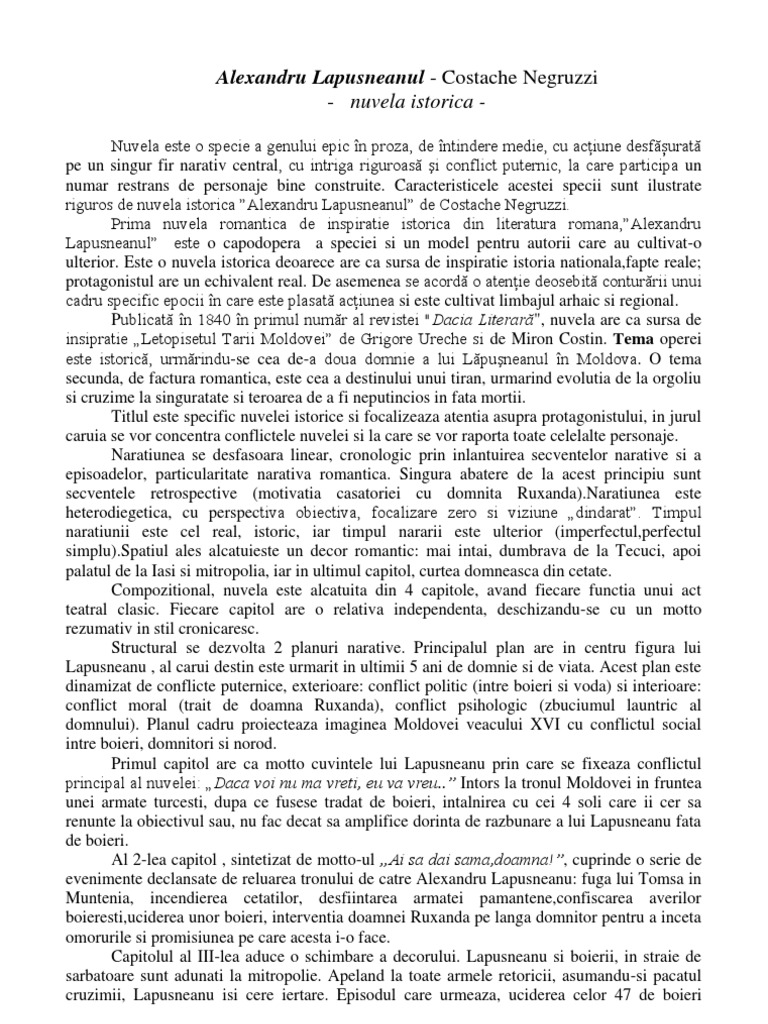 Alexandru Lapusneanu De Costache Negruzzi Rezumat Alexandru Lapusneanul - Costache Negruzzi | PDF