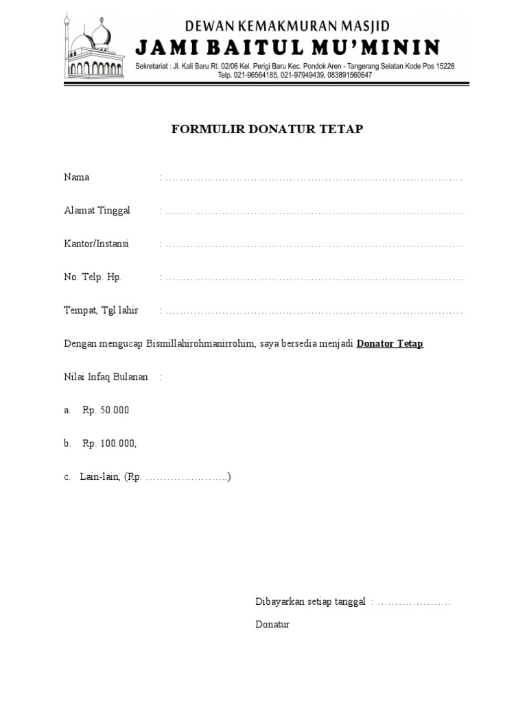 Formulir Donatur Tetap Masjid Baitul Mu Minin