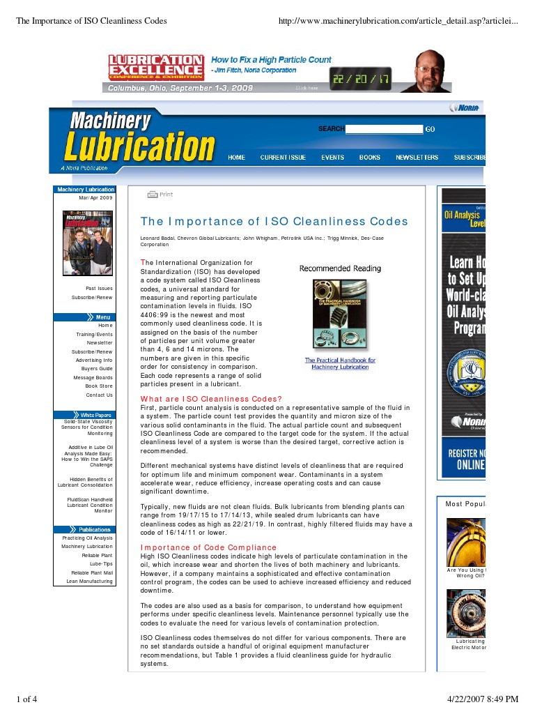 2005, Badal, L.,The Importance of ISO Cleanliness Codes PDF Lubricant Reliability Engineering