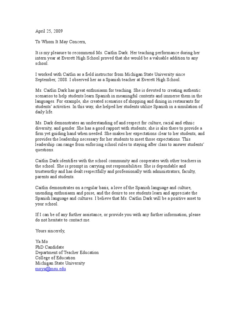 Recommendation Letter for Ms. Dark_Mo | Leadership | Leadership