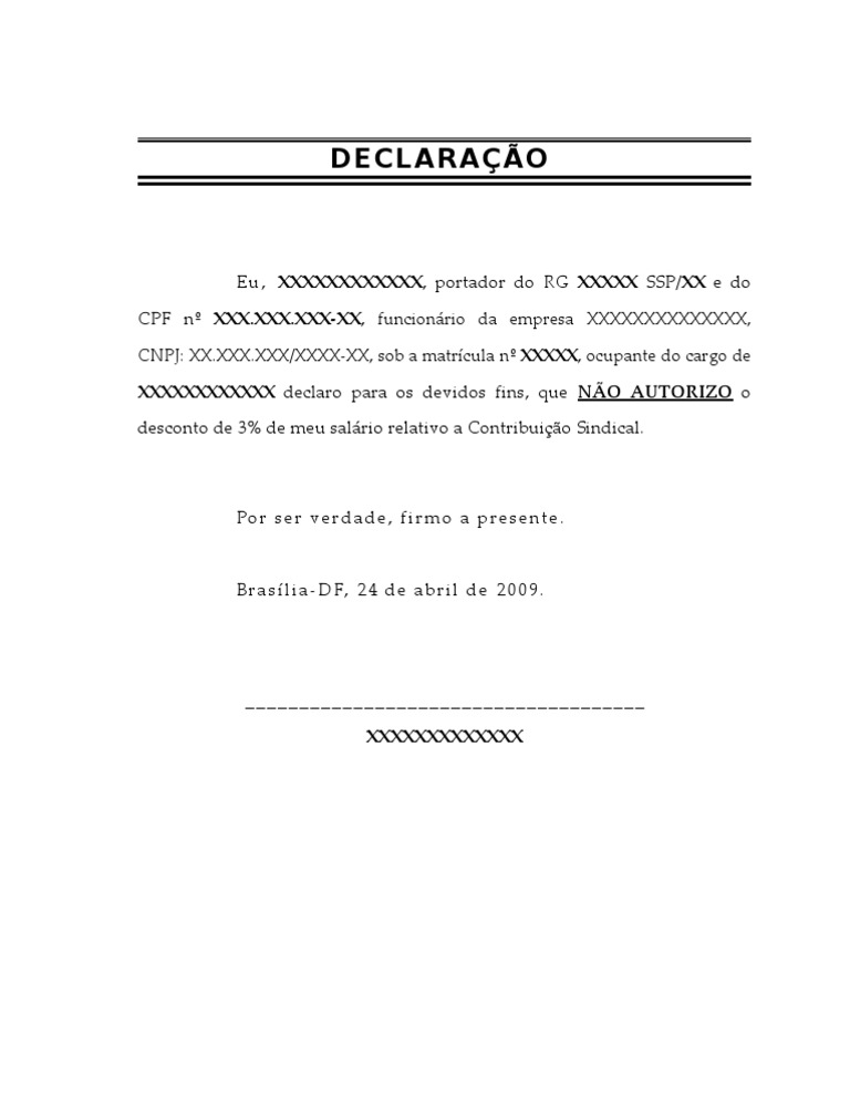 DECLARAÇÃO - CONVENÇÃO COLETIVA DE NÃO CONTRIBUIÇÃO SINDICAL