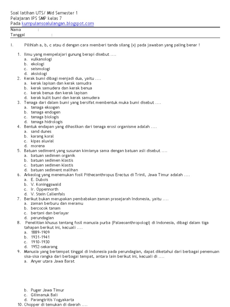 Soal Latihan Uts Ganjil Ips Smp Kelas 7
