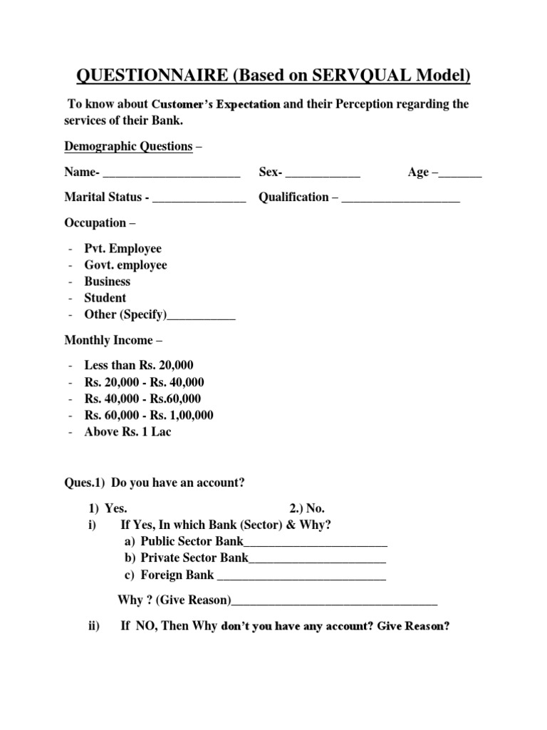 SERVQUAL-Based Bank Service Survey | PDF | Questionnaire | Banks