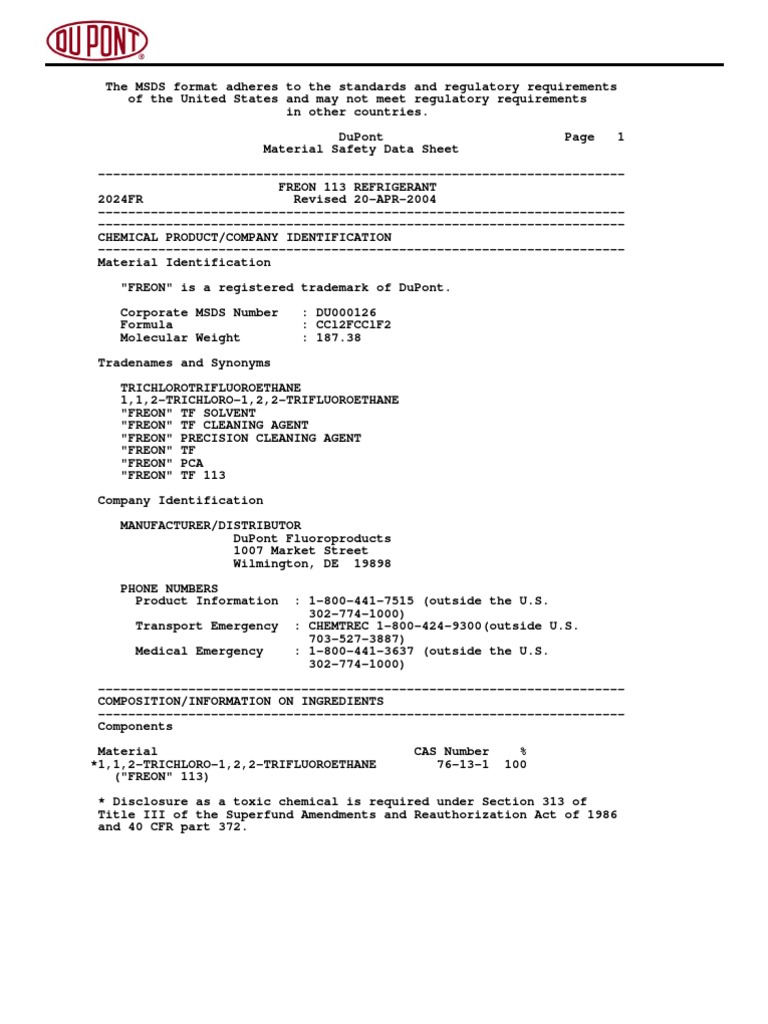 Freon 113 | PDF | Personal Protective Equipment | Toxicity