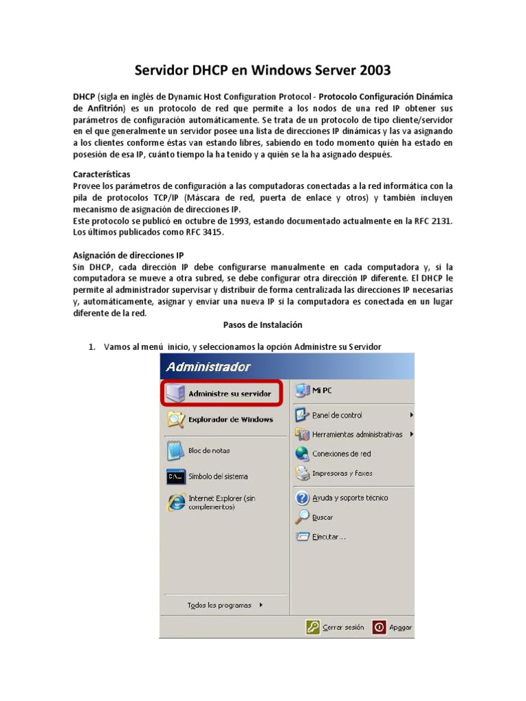 Configuración de DHCP en Windows Server 2003 | PDF | Dirección IP ...