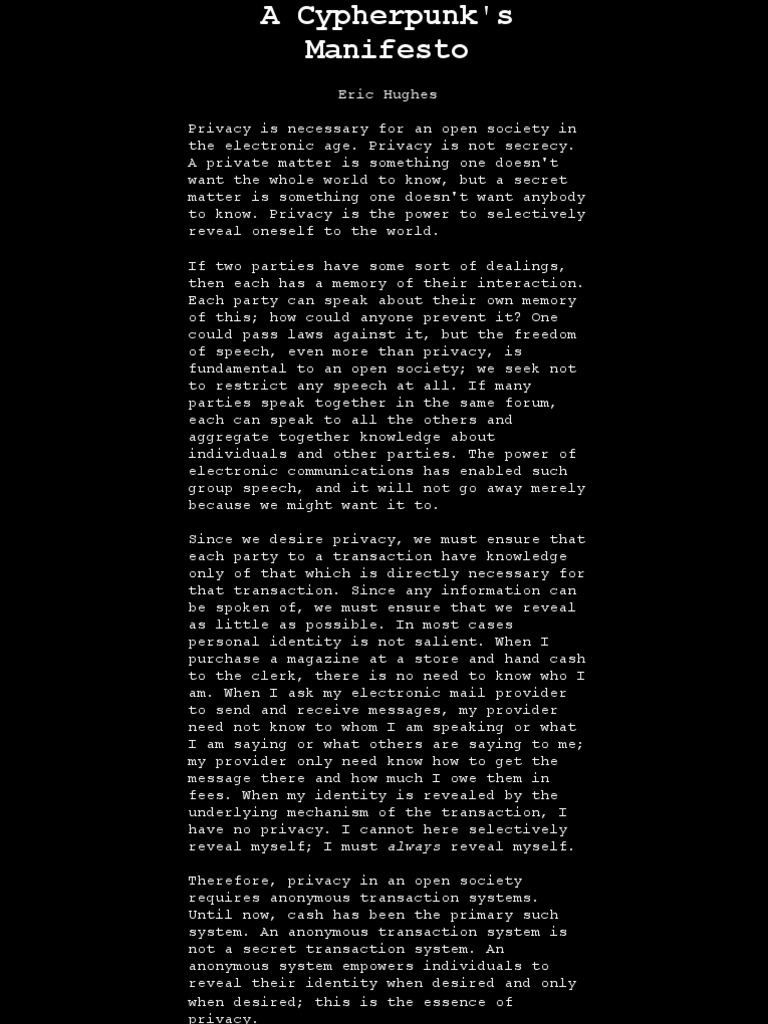 Cypherpunk Manifesto: Privacy & Cryptography | PDF | Privacy | Espionage  Techniques