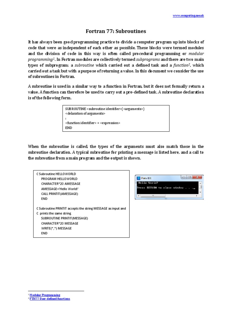 Fortran 77 Subroutines Subroutine Parameter