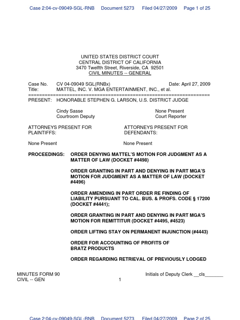 Mattel v. MGA Entertainment Order On Remitteur PDF Summary Judgment
