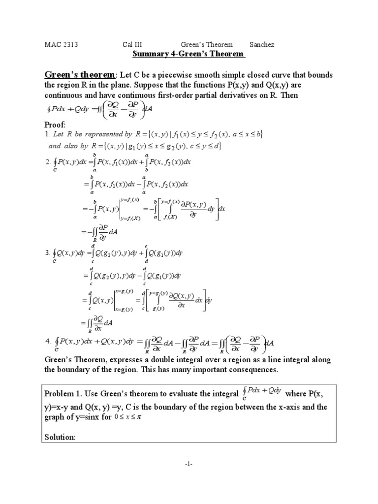 Summary 6 Green S Theorem Flux Mathematical Analysis