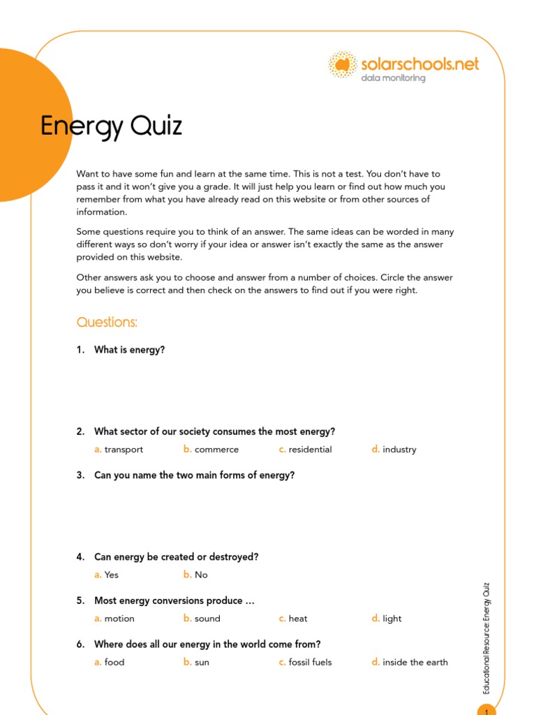 Energy Quiz (With Answers) PDF Solar Energy Fuels
