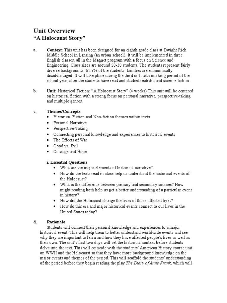 Holocaust Historical Fiction Unit Plan | PDF | Narrative | Genre