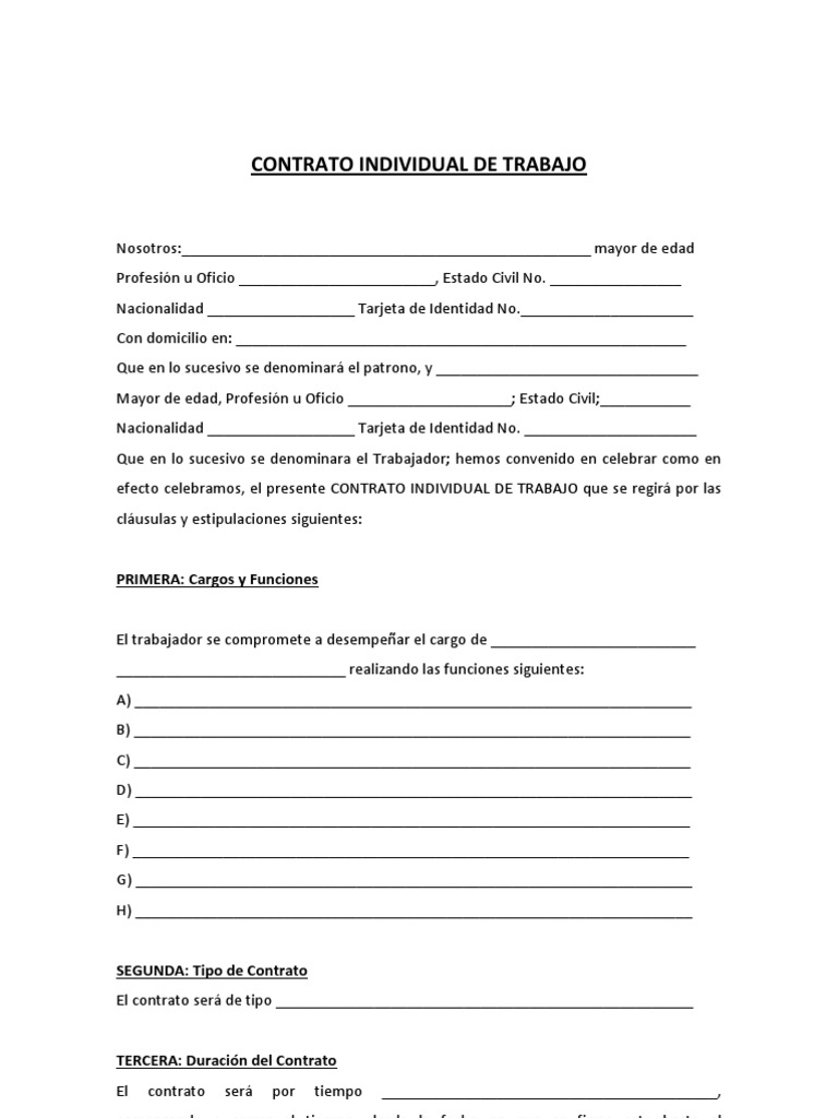 Formato Contrato Individual De Trabajo Tiempo De Trabajo Derecho