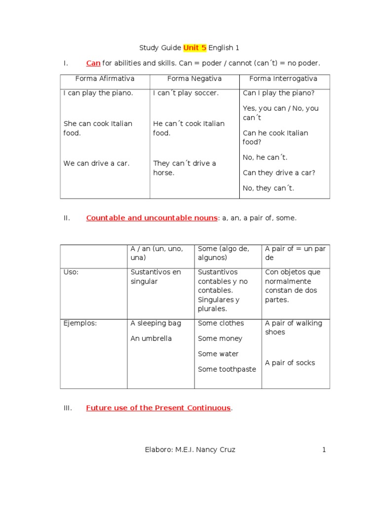 Guia Unidad 5 Inglés 1 | PDF
