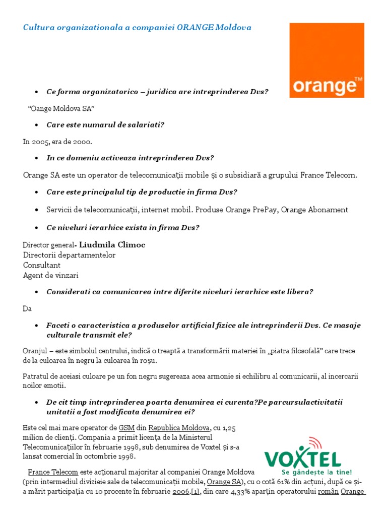 Cultura Organizationala A Companiei Orange Conspecte Md
