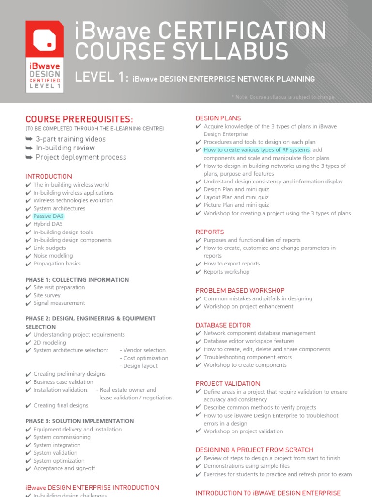Ibwave Certification Course Syllabus L1 | PDF | Verification And ...