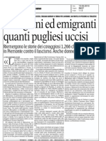 13/06/2013 La Gazzetta Del Mezzogiorno. PARTIGIANI ED EMIGRANTI QUANTI PUGLIESI UCCISI