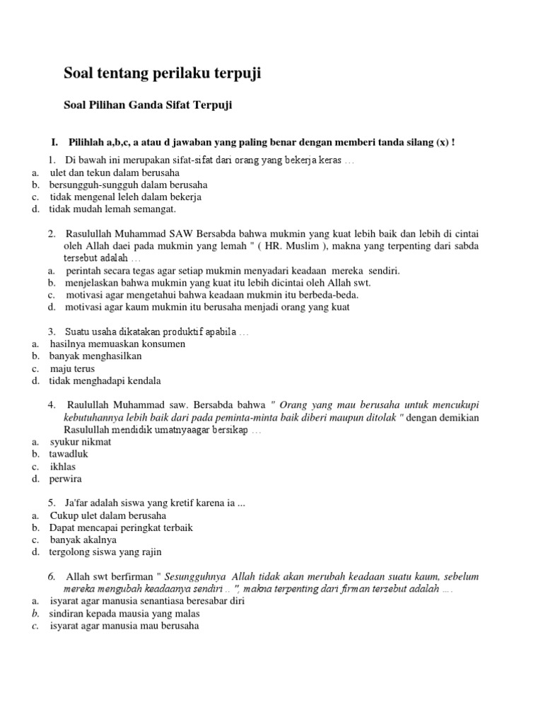 Contoh Soal Pilihan Ganda Tentang Akhlak Terpuji - Alooparand