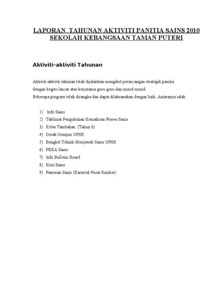 Laporan Tahunan Aktiviti Panitia Sains 2010 2