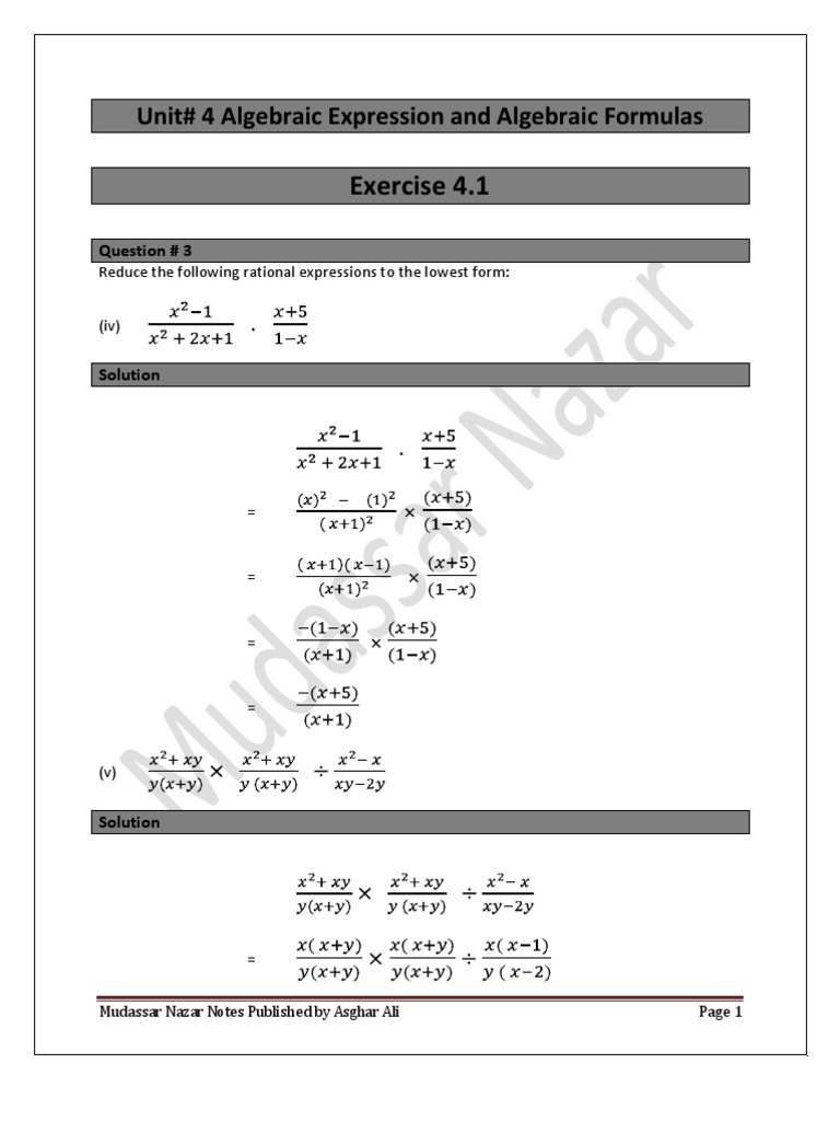Unit# 4 Algebraic Expressions and Algebraic Formulas Exercise 4.1