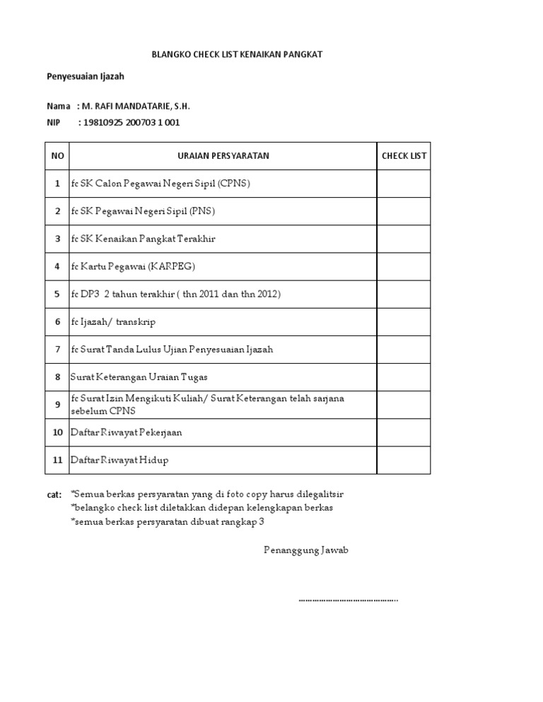 Blangko Check List Kenaikan Pangkat