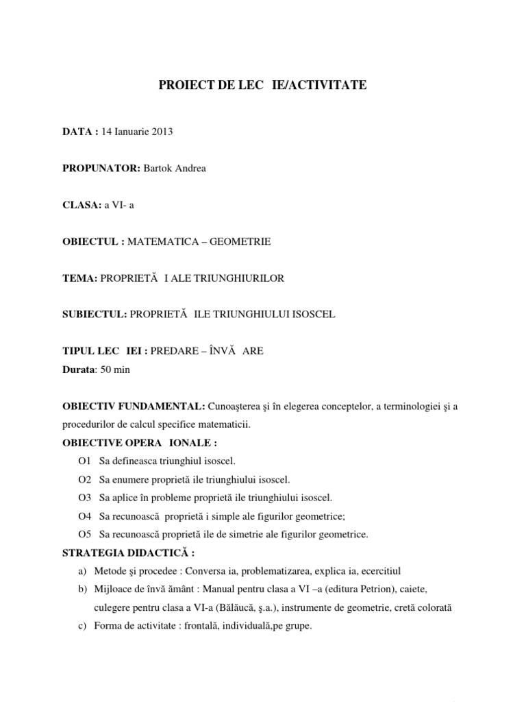 Proiect Didactic Matematica | PDF