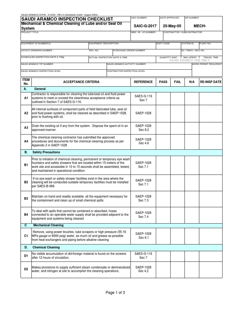 Insp Checklist LO Flushing Pump Pipe (Fluid Conveyance)