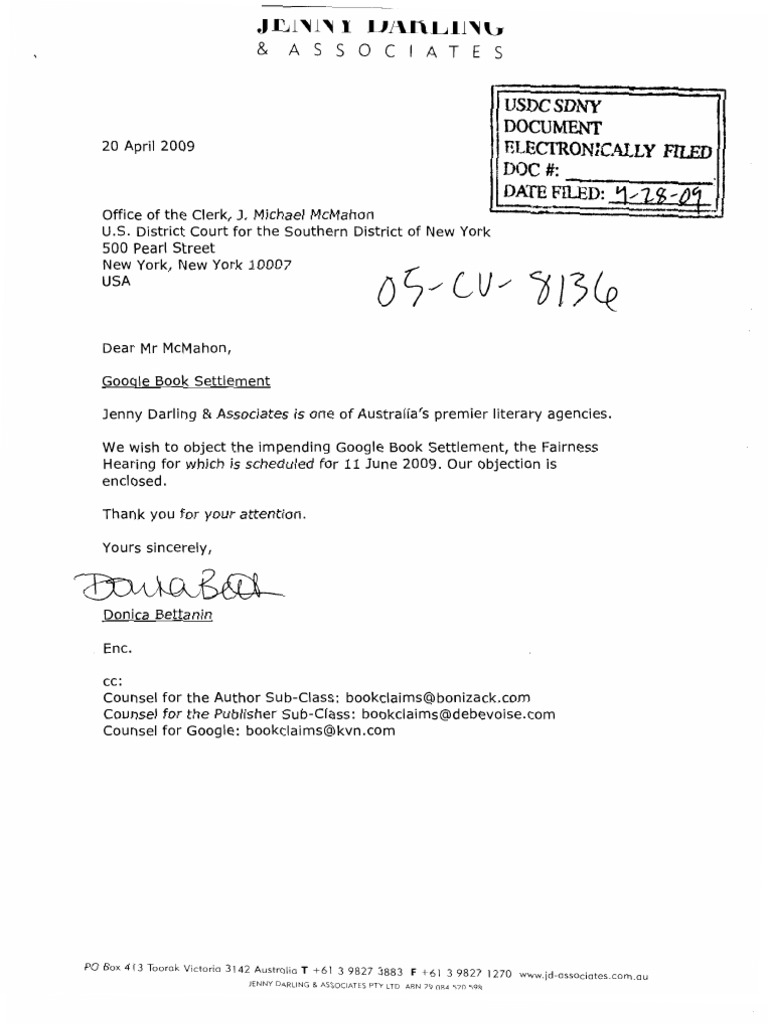 GBS Settlement Objection Letter From Jenny Darling Associates Google
