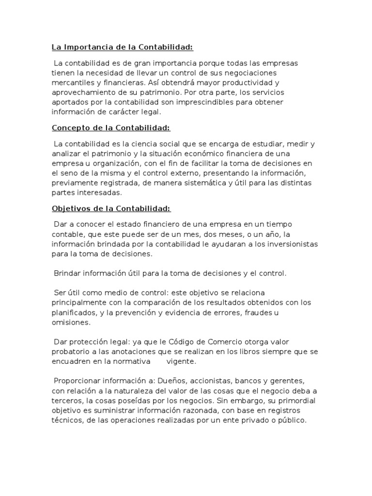Importancia y Objetivos de la Contabilidad | PDF | Contabilidad | Economias