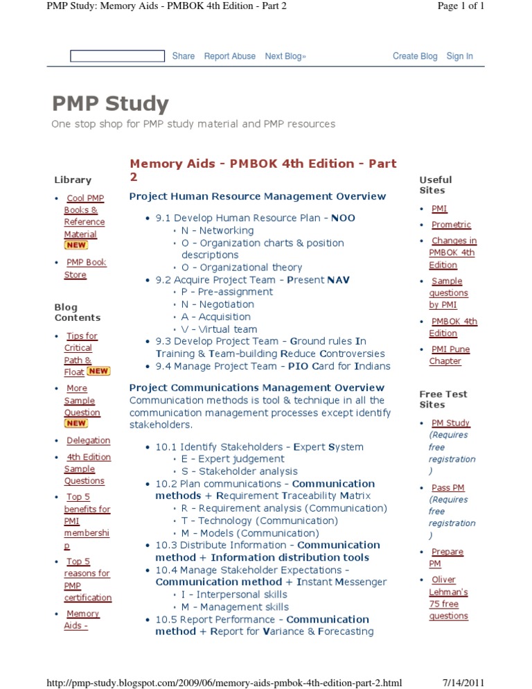PMP Study: Memory Aids - PMBOK 4th Edition - Part 2 | PDF