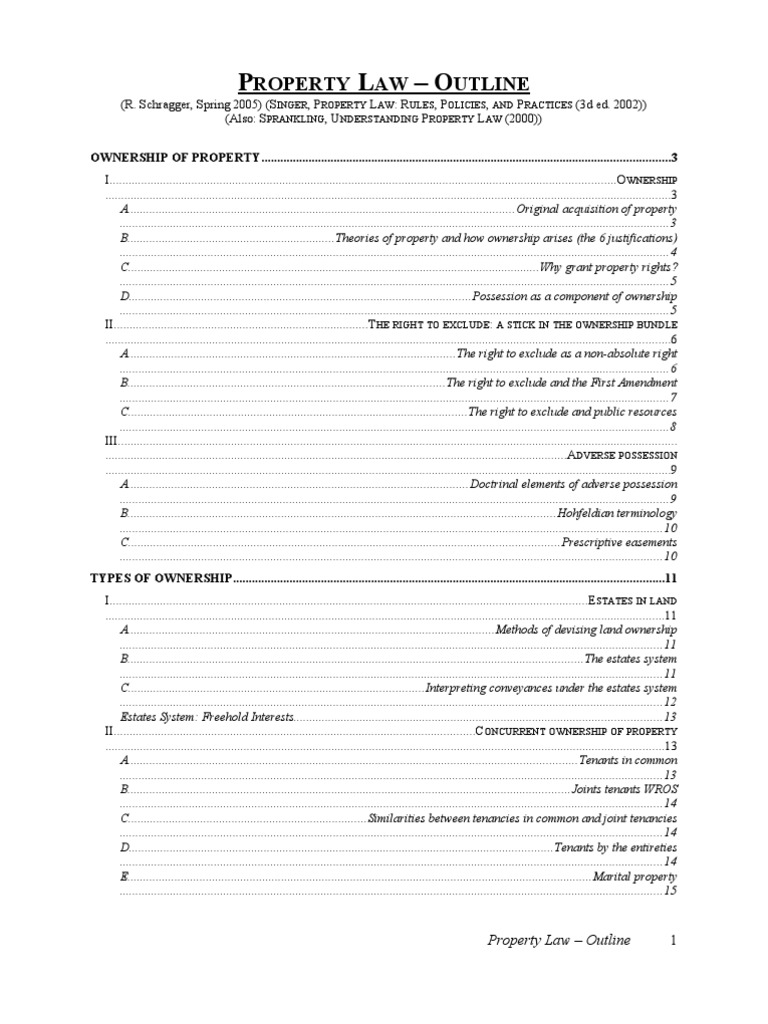 Property Law Outline SINGER, PROPERTY LAW RULES, POLICIES, AND
