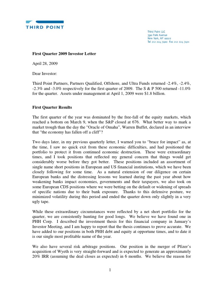 Q1 2009 Investor Update from Third Point | PDF | Investor | Investing