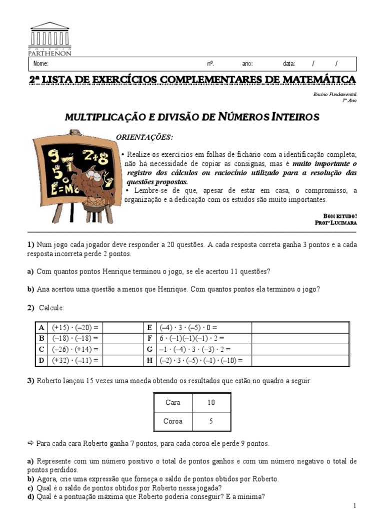 Multiplicação E Divisão De Números Inteiros Exercicios