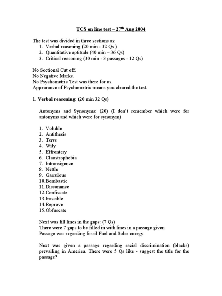 TCS On Line Test - 27 Aug 2004 | PDF | Teaching Mathematics