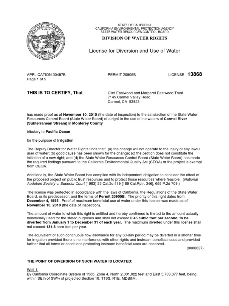 License for Diversion and Use of Water 13868 2012 Water Right License
