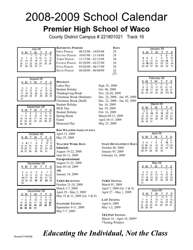 20082009 School Calendar Premier High School of Waco PDF Seasons