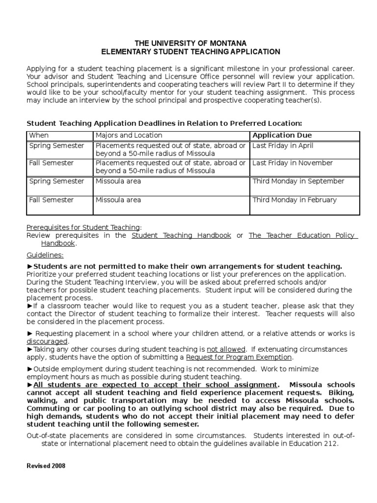 University of Montana Student Teaching Application | PDF | Schools ...