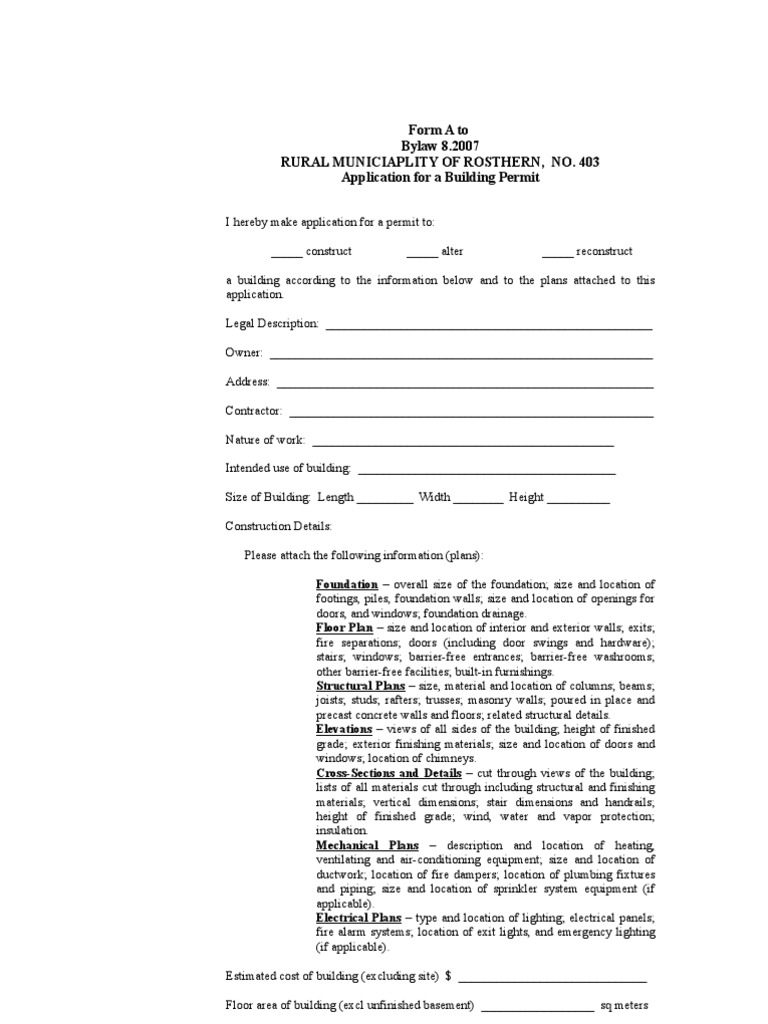 RM of Rosthern Building Permit Application 2009 | PDF | Wall | Door
