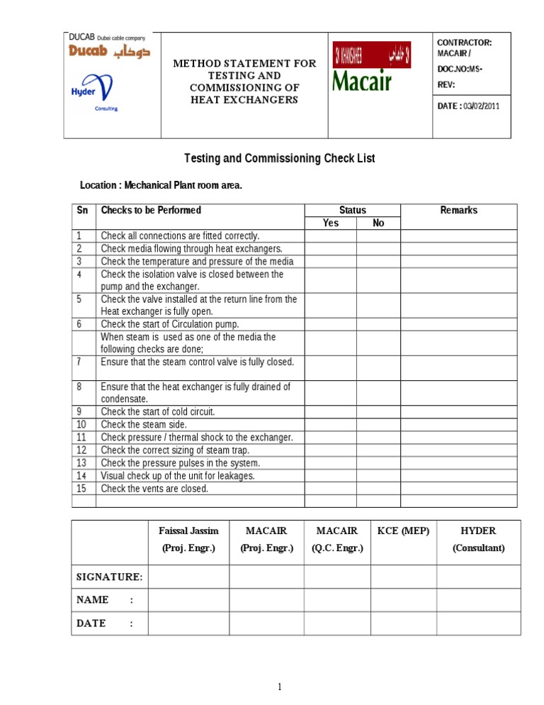 Heat Exchanger Testing Checklist | PDF | Technology & Engineering ...