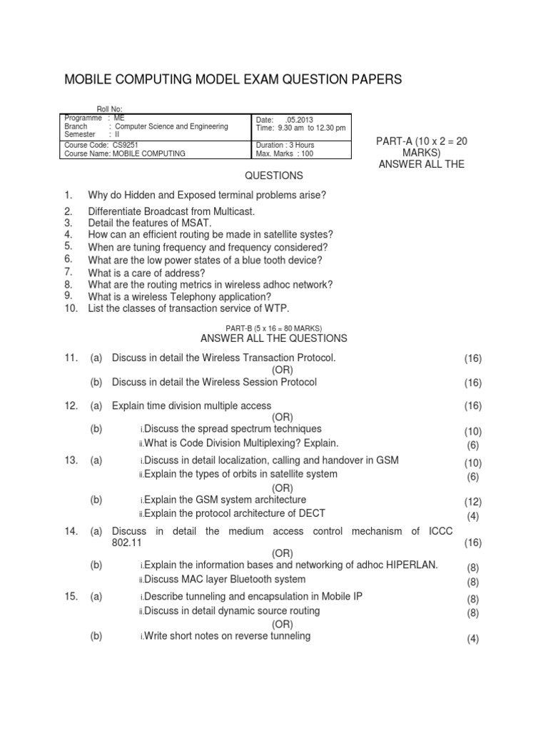 Mobile Computing Model Exam Question Papers | PDF | Transmission ...