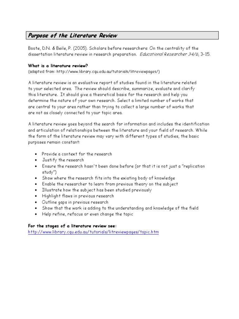 Purpose of The Literature Review Literature Review