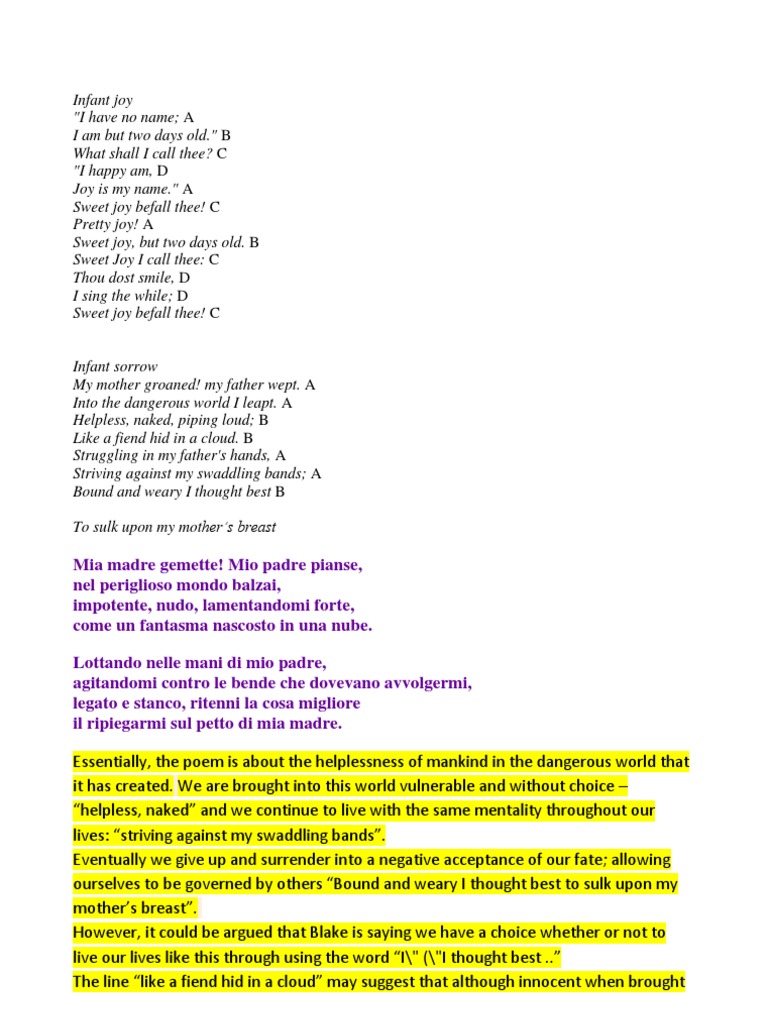 Infant Joy Infant Sorrow Infants Poetry