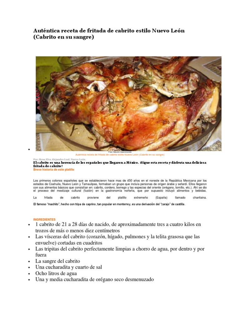 Auténtica Receta de Fritada de Cabrito Estilo Nuevo León | PDF |  Menudencias | Cocina
